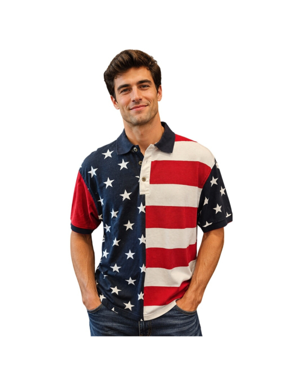 Red head sz s flag patriotic red white blue 4th of july polo top short sleeve